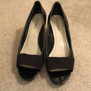 Black Patent Leather Peep Toe Wedges